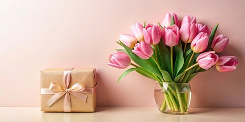 Obraz premium A delicate pink tulip bouquet in a clear glass vase sits beside a gift wrapped in kraft paper with a blush ribbon; a perfect present