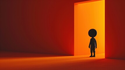 Silhouette figure standing before bright orange doorway in dark room.