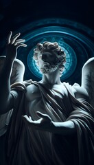 Obraz premium The statue is carved from marble, its surface worn smooth by time and touched by the hands of countless worshippers. It depicts a divine figure, likely a god or goddess from Greek or Roman mythology. 