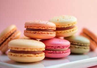 Obraz premium Colorful macarons arranged on a white plate against a soft pastel background