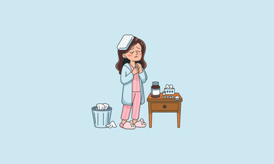 Sick woman in pajamas with medicine and tissues nearby.