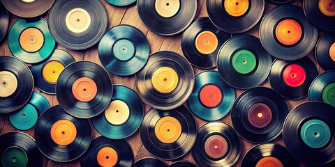 Vintage vinyl records displayed in a creative layout, perfect for a unique wallpaper design , vinyl records, retro