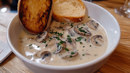 Steaming creamy mushroom soup in an earthenware bowl on a rustic wooden table with fresh herbs and crusty bread in soft natural lighting close-up