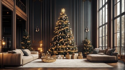 Fototapeta premium Elegant Christmas Living Room Decorated With A Large Tree