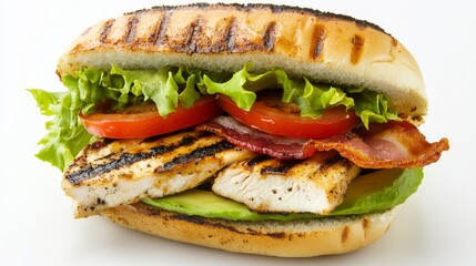 A mouthwatering grilled chicken sandwich with avocado, bacon, lettuce