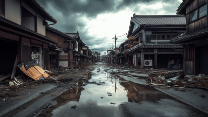 Fototapeta premium 崩壊した日本の街並みと曇り空