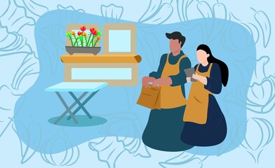 illustration of business-themed background design elements in the form of characters of two employees offering food products with a background depicting illustrations of kitchen spices and vegetables