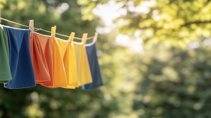 Colorful clothes drying on a line outdoors.