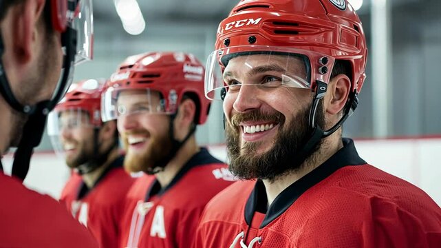 A joyful moment among hockey players in red jerseys during a practice session.