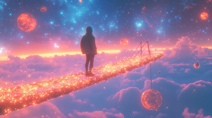 Fototapeta premium Emotional Balance. A figure stands on a glowing path amidst colorful planets and clouds, evoking a sense of wonder in a cosmic, dreamlike landscape.