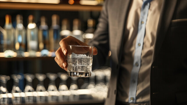 Man in suit holding glass of water, symbolizing sobriety and alcohol safety, amidst bar counter with empty alcohol bottles
