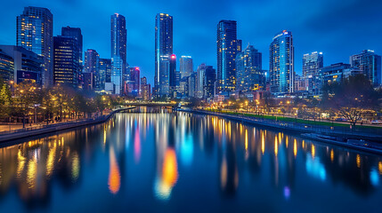 Obraz premium A breathtaking urban skyline at night with skyscrapers illuminated by vibrant lights reflecting on a calm river 