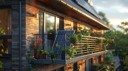 Fototapeta premium balcony with a balcony solar power system. The solar panels are mounted outside of the balcony directly in front of the railing. The cells of the solar panels should have very clean texture. 