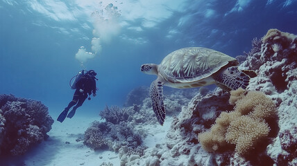 Fototapeta premium 海中でウミガメと出会う日本人ダイバー
