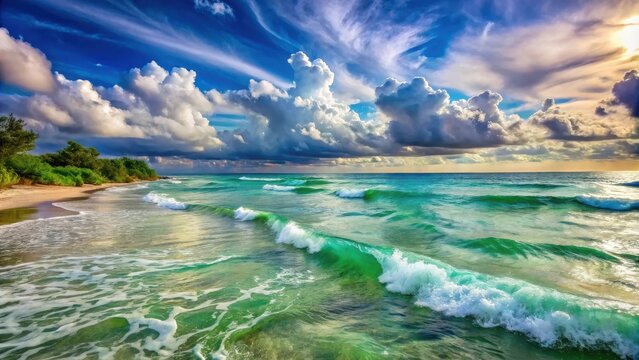 Seascape of rolling waves under a dramatic sky with fluffy clouds and a sandy shore