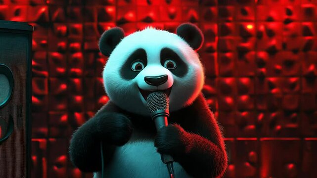 Animated Panda Singing on Stage with Microphone