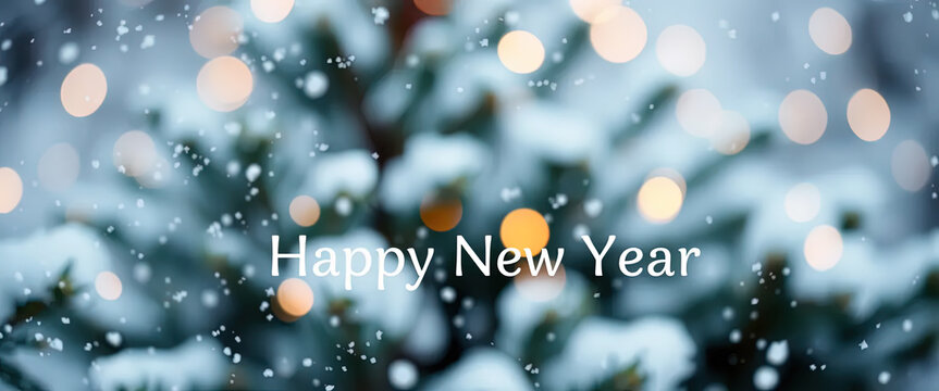 A Christmas tree with lights is lit up and is on a dark background with text of happy new yar Ai Generated. 