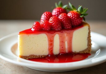 Delicious cheesecake topped with strawberries and raspberry sauce on a white plate