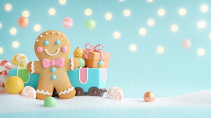 Fototapeta premium Cheerful Gingerbread Cookie Surrounded by Colorful Sweets and Gifts