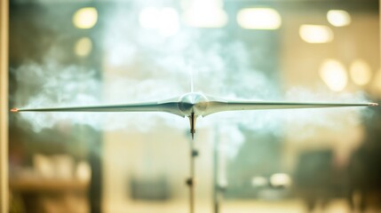 Wind tunnel testing model in action, showcasing aerodynamic principles and engineering innovation.