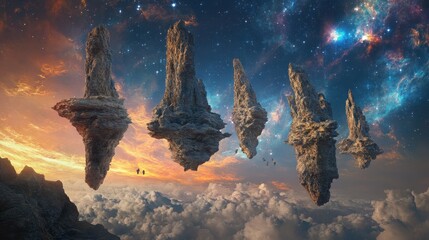 Surreal Fantasy Landscape Floating Rock Formations Above a Sea of Clouds and Cosmic Nebula