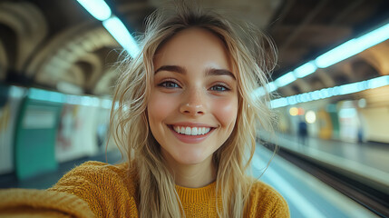 closeup of 20 year old girl smiling with excitement in an underground train station, from the perspective of her mobile phone that she is holding in front of her.