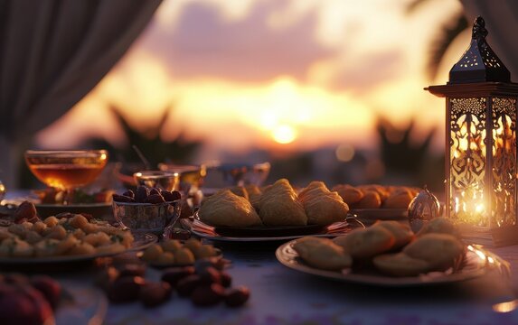 Ramadan Iftar Dinner Sunset Feast with Dates, Sweets, and Lantern -  Authentic Arabic Cuisine