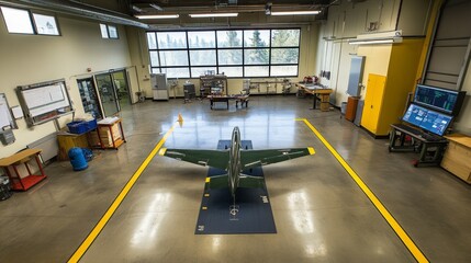 Wind tunnel testing model in action, showcasing aerodynamic principles and engineering innovation.
