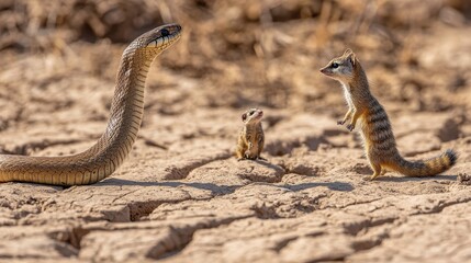 Fototapeta premium African Snake and Two Dwarf Mongoose Facing Off in Arid Landscape - Wildlife Encounter in the Wild