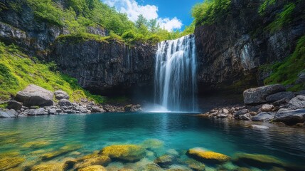 Fototapeta premium Serene Waterfall Cascading into Crystal-Clear Teal Pool Stunning Nature Photography of Lush Green Forest Landscape