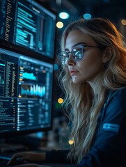 Focused Woman Analyzing Data on Dual Monitors in Modern Office