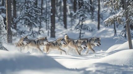Naklejka premium Majestic Pack of Wolves Running Through a Snowy Winter Forest - Wildlife Photography