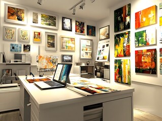 An art studio showcasing vibrant paintings and a workspace with a laptop and art supplies.