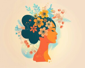 Elegant floral illustration of a woman s profile with a colorful background, adorned with vibrant flowers and foliage, showcasing beauty and nature harmony
