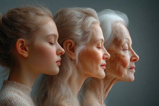 Aging journey: a portrayal of a female persona reflecting the changes of age, emphasizing the visual evolution of a woman’s face as she transitions through the natural stages of life.
