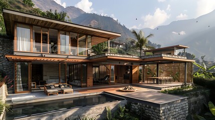 Obraz premium Robust completed projects timber in mountainous terrains showcasing sustainable materials and sturdy construction