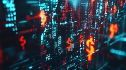 Abstract Digital Currency Background Glowing Dollar Signs and Binary Code in Red and Cyan