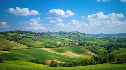 Fototapeta premium Idyllic Tuscan Countryside Rolling Green Hills, Farmhouse, and Blue Sky - Panoramic Landscape Photography