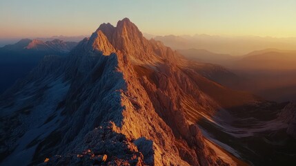 Naklejka premium Majestic Mountain Ridge at Sunrise Golden Hour Panorama of Alpine Peaks