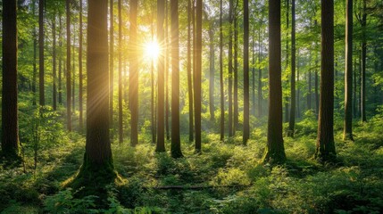 Obraz premium Close-up of a lush forest with sunlight filtering through the trees, vibrant colors, high detail, natural textures