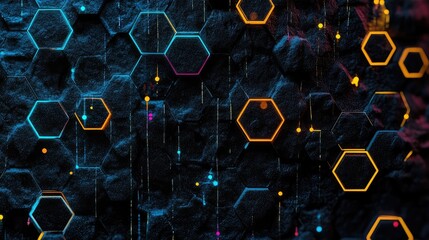 Obraz premium Stylized hexagon data grid with vibrant colors, showing interconnected data points over a dark, minimalist background