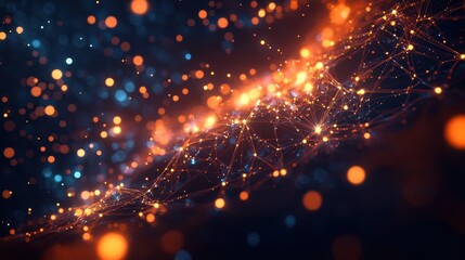 Fototapeta premium Abstract Network Connection Glowing Orange and Blue Nodes and Lines on Dark Background - Digital Technology, AI, and Data Visualization Stock Photo