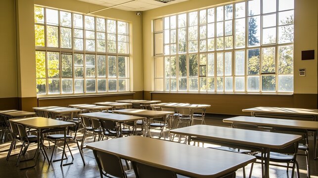 Empty school cafeteria tables during off-peak hours, a serene moment of reflection on the passage of time and the transient nature of youth.
