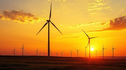Breathtaking Sunset Silhouette of Wind Turbines in a Golden Field - Renewable Energy Landscape