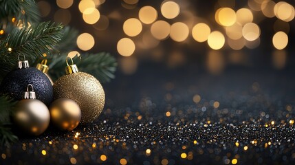 Fototapeta premium Elegant gold and black Christmas ornaments on sparkly surface with bokeh lights.