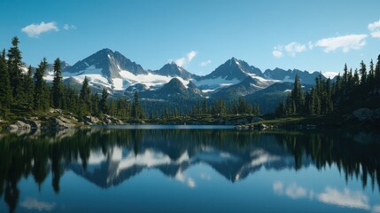 Obraz premium Serene Mountain Lake Reflection Stunning Panorama of Snow-Capped Peaks and Evergreen Forest