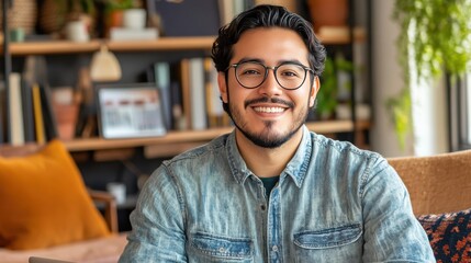 Fototapeta premium Smiling Young Man in Casual Attire at Home Office with Cozy Decor