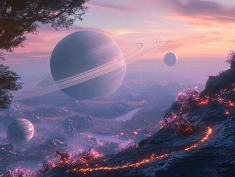 Ethereal Alien Landscape Glowing Flora, Ringed Planet, and Volcanic Terrain at Sunset - Sci-Fi Fantasy Art - Powered by Adobe