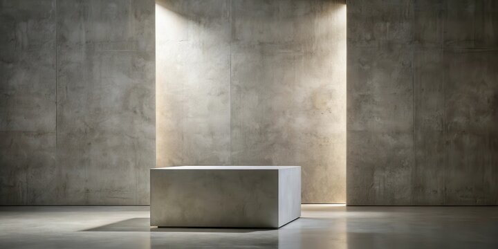 A minimalist concrete room with a single illuminated cube, ideal for product display or design presentation.