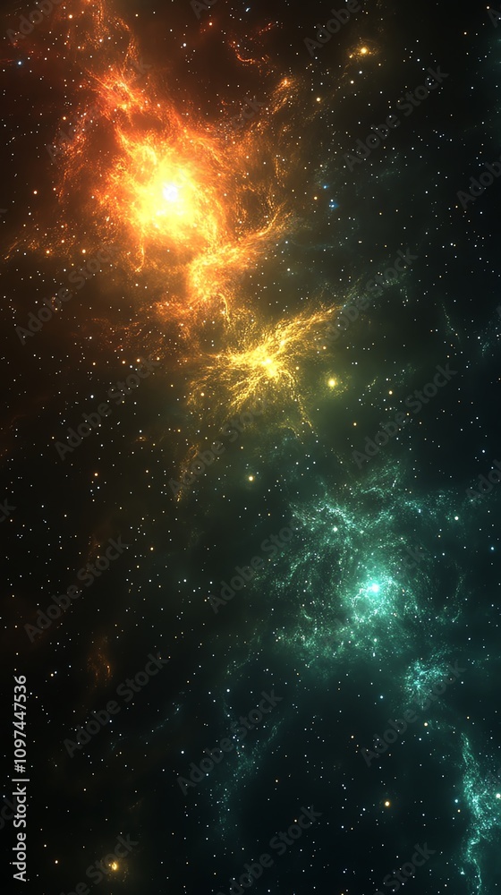 Poster a vibrant cosmic scene depicting colorful nebulae and stars in a vast universe.